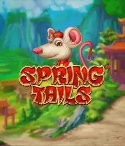 A charming illustration of a mouse dressed in traditional Chinese attire positioned in front of a scenic mountain backdrop. The image represents the Spring Tails game by Betsoft, showcased with striking red and gold logo text.