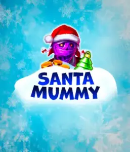  Discover the quirky "Santa Mummy" slot game by Belatra, featuring a mummified Santa dressed in festive holiday attire. This eye-catching image portrays the mummy with a vivid purple hue, wearing a Santa hat, surrounded by snowy blue with icy snowflakes. The game's title, "Santa Mummy," is boldly written in large, frost-like blue letters.